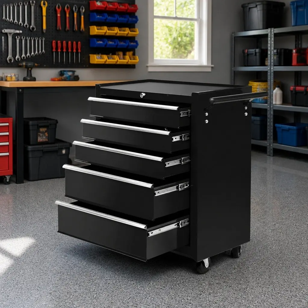 Tool Cabinet Steel 5 Drawer Trolley Black