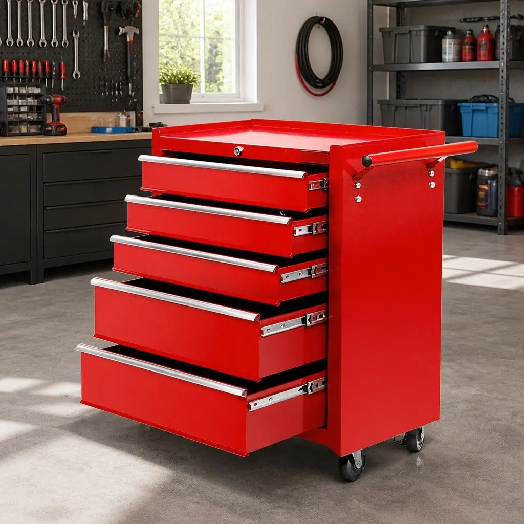 Tool Cabinet Storage Trolley Steel 5 Drawer Red