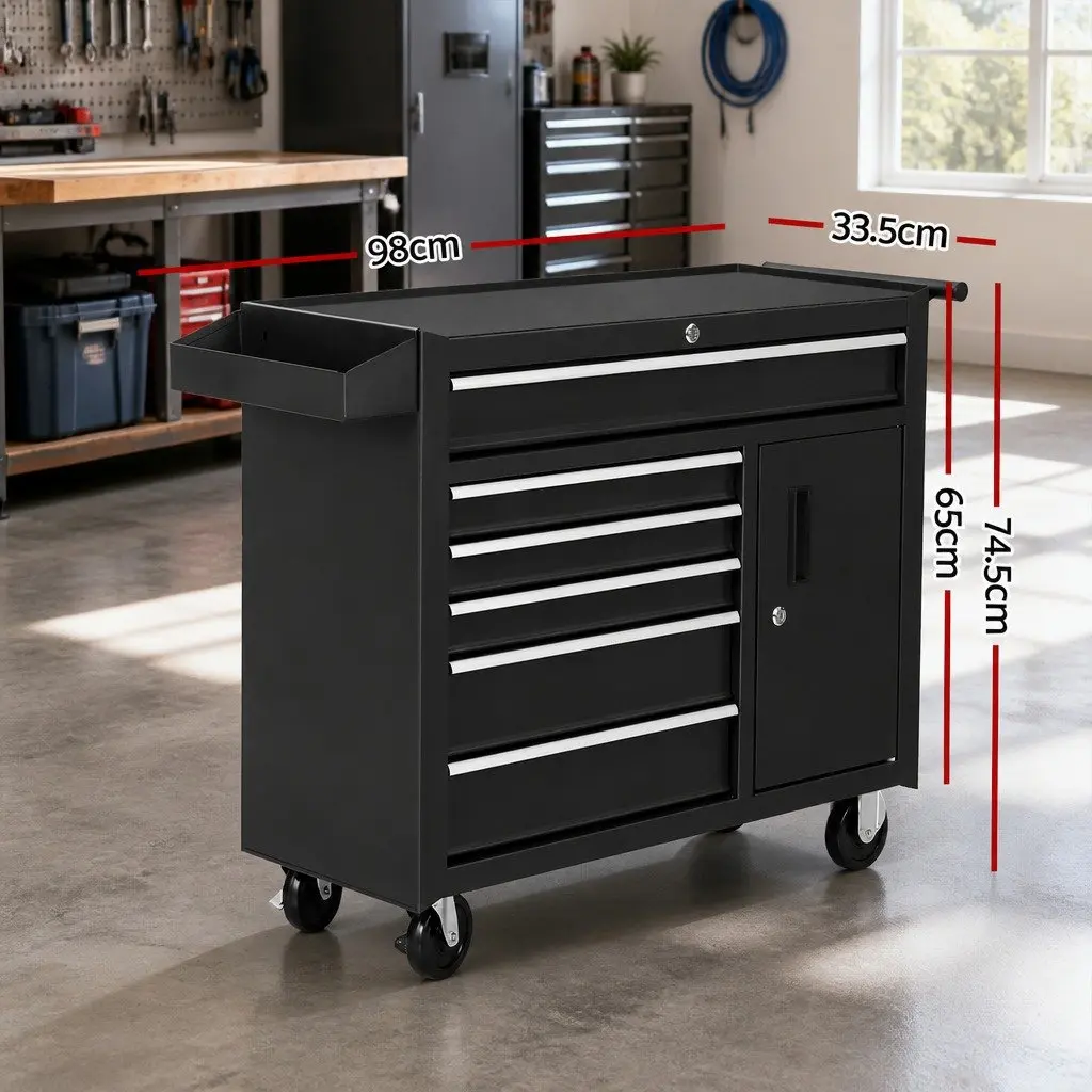 6 Drawer Storage Trolley Tool Cabinet with Wheels Black Powder Coated Steel for Garage and Workshop