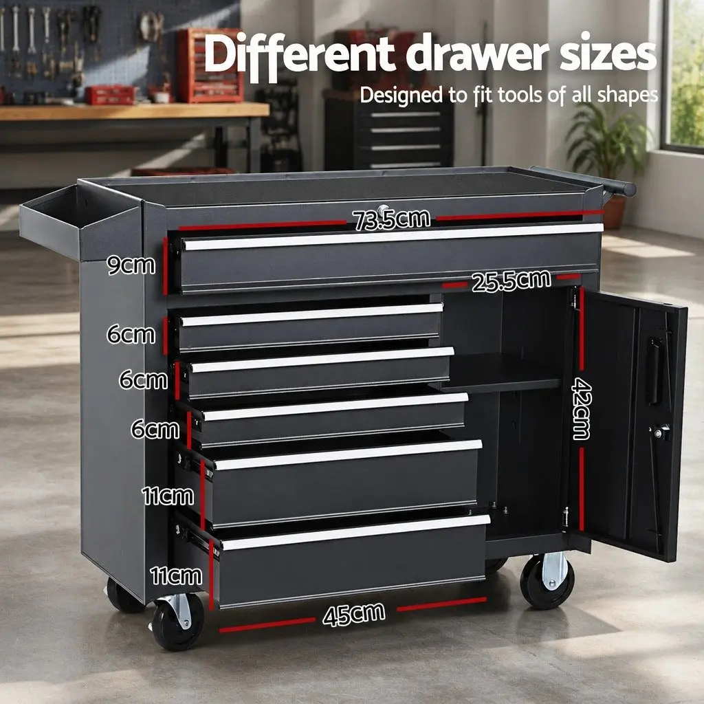 6 Drawer Storage Trolley Tool Cabinet with Wheels Black Powder Coated Steel for Garage and Workshop