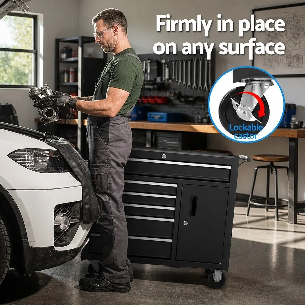 6 Drawer Storage Trolley Tool Cabinet with Wheels Black Powder Coated Steel for Garage and Workshop