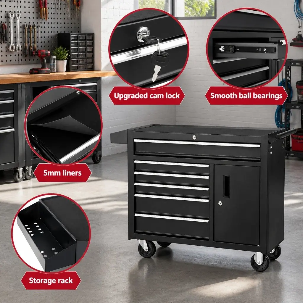 6 Drawer Storage Trolley Tool Cabinet with Wheels Black Powder Coated Steel for Garage and Workshop