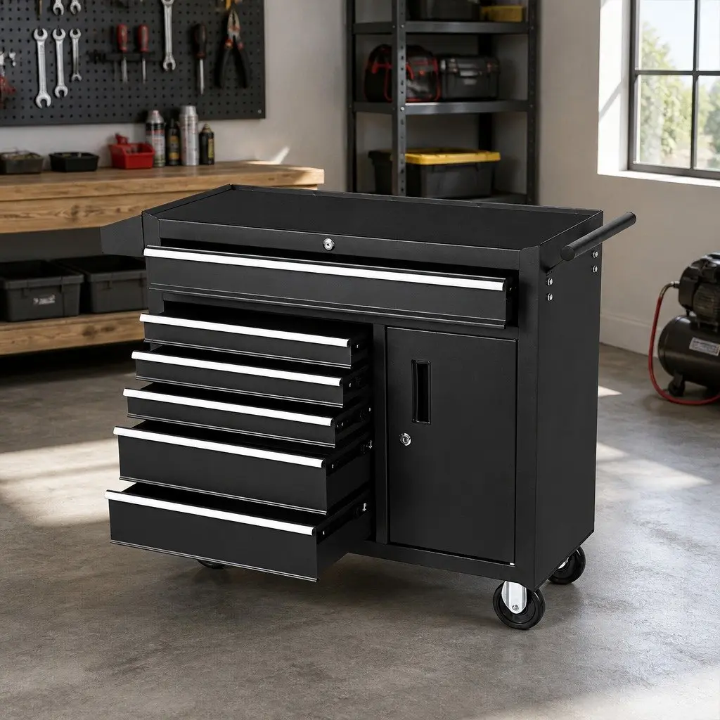 6 Drawer Storage Trolley Tool Cabinet with Wheels Black Powder Coated Steel for Garage and Workshop