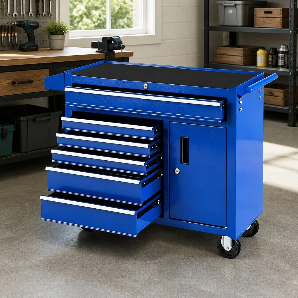 6 Drawer Tool Chest Trolley Storage Cabinet Organiser Powder-coated Steel Blue