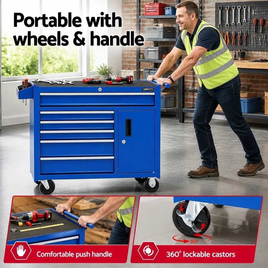 6 Drawer Tool Chest Trolley Storage Cabinet Organiser Powder-coated Steel Blue