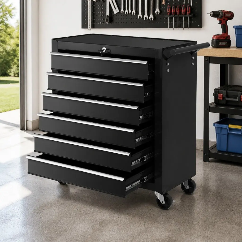 Tool Cabinet Storage Trolley Black Steel 6 Drawer Mobile Workshop Unit with Lockable Mechanism and 360 Degree Wheels