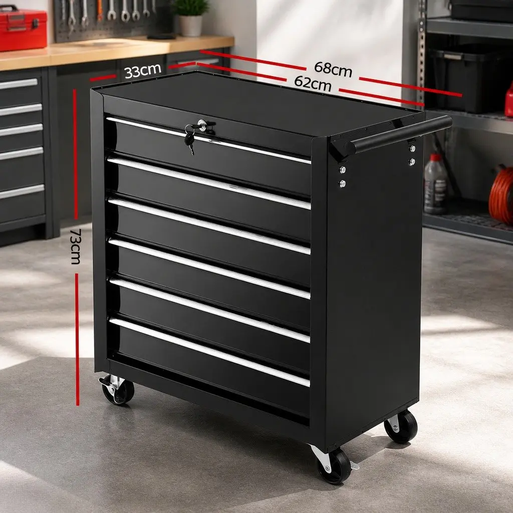 Tool Cabinet Storage Trolley Black Steel 6 Drawer Mobile Workshop Unit with Lockable Mechanism and 360 Degree Wheels
