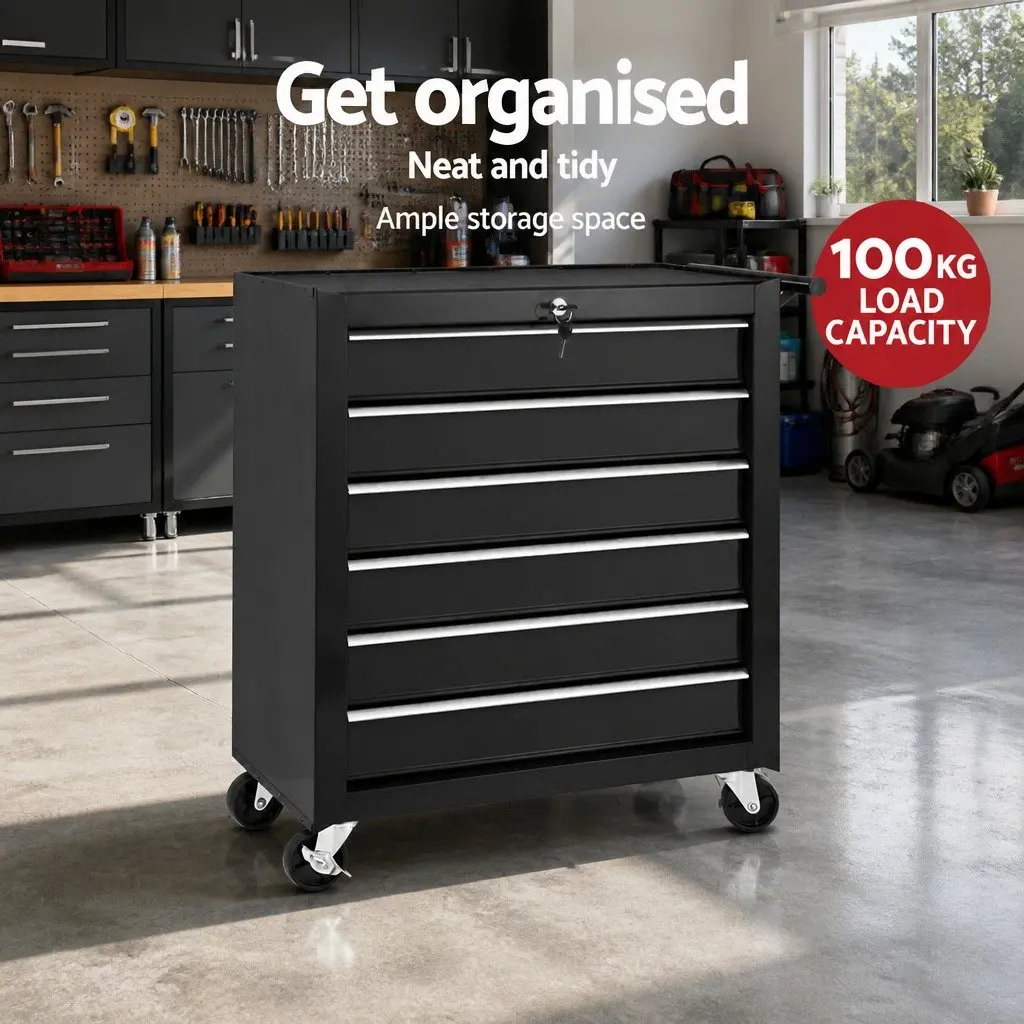 Tool Cabinet Storage Trolley Black Steel 6 Drawer Mobile Workshop Unit with Lockable Mechanism and 360 Degree Wheels