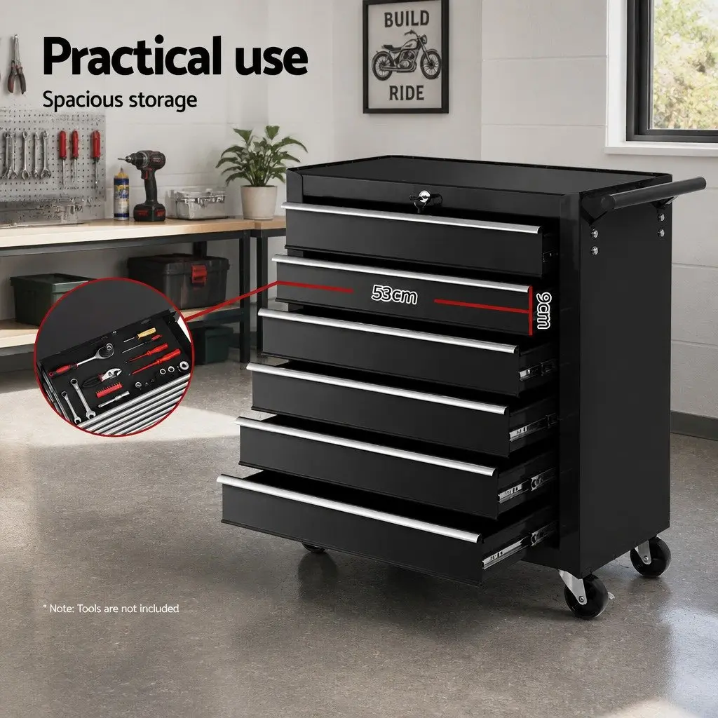 Tool Cabinet Storage Trolley Black Steel 6 Drawer Mobile Workshop Unit with Lockable Mechanism and 360 Degree Wheels