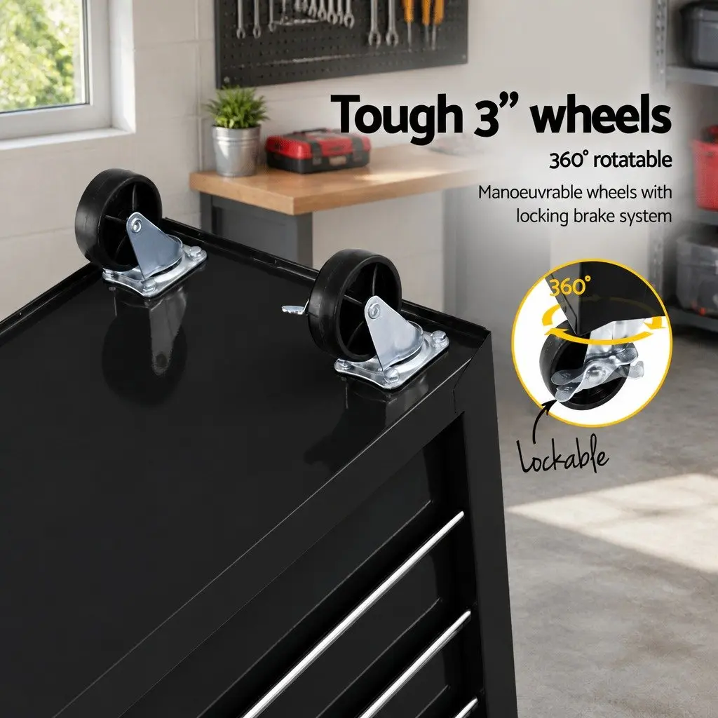 Tool Cabinet Storage Trolley Black Steel 6 Drawer Mobile Workshop Unit with Lockable Mechanism and 360 Degree Wheels