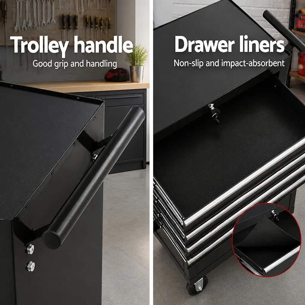 Tool Cabinet Storage Trolley Black Steel 6 Drawer Mobile Workshop Unit with Lockable Mechanism and 360 Degree Wheels
