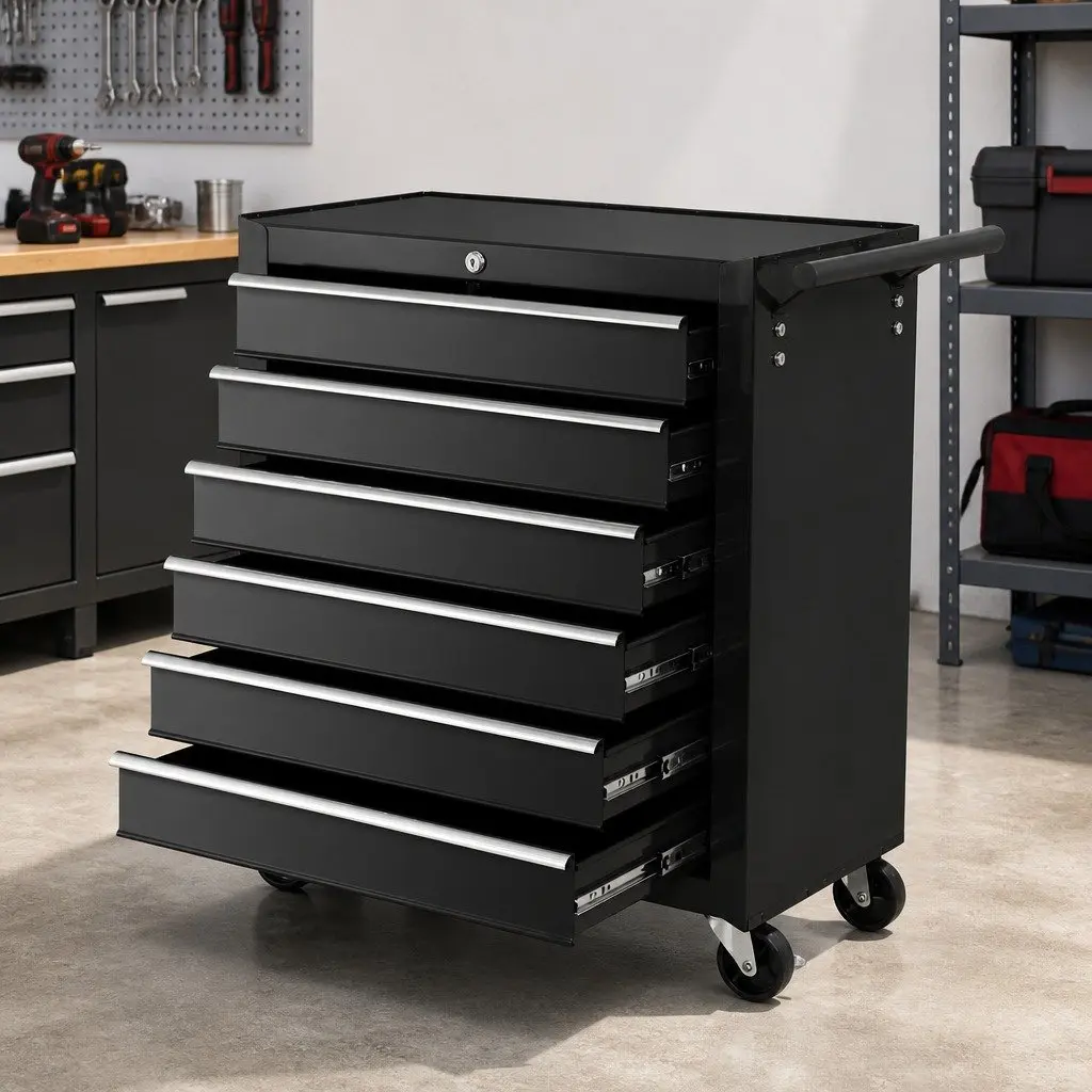 Tool Cabinet Storage Trolley Black Steel 6 Drawer Mobile Workshop Unit with Lockable Mechanism and 360 Degree Wheels