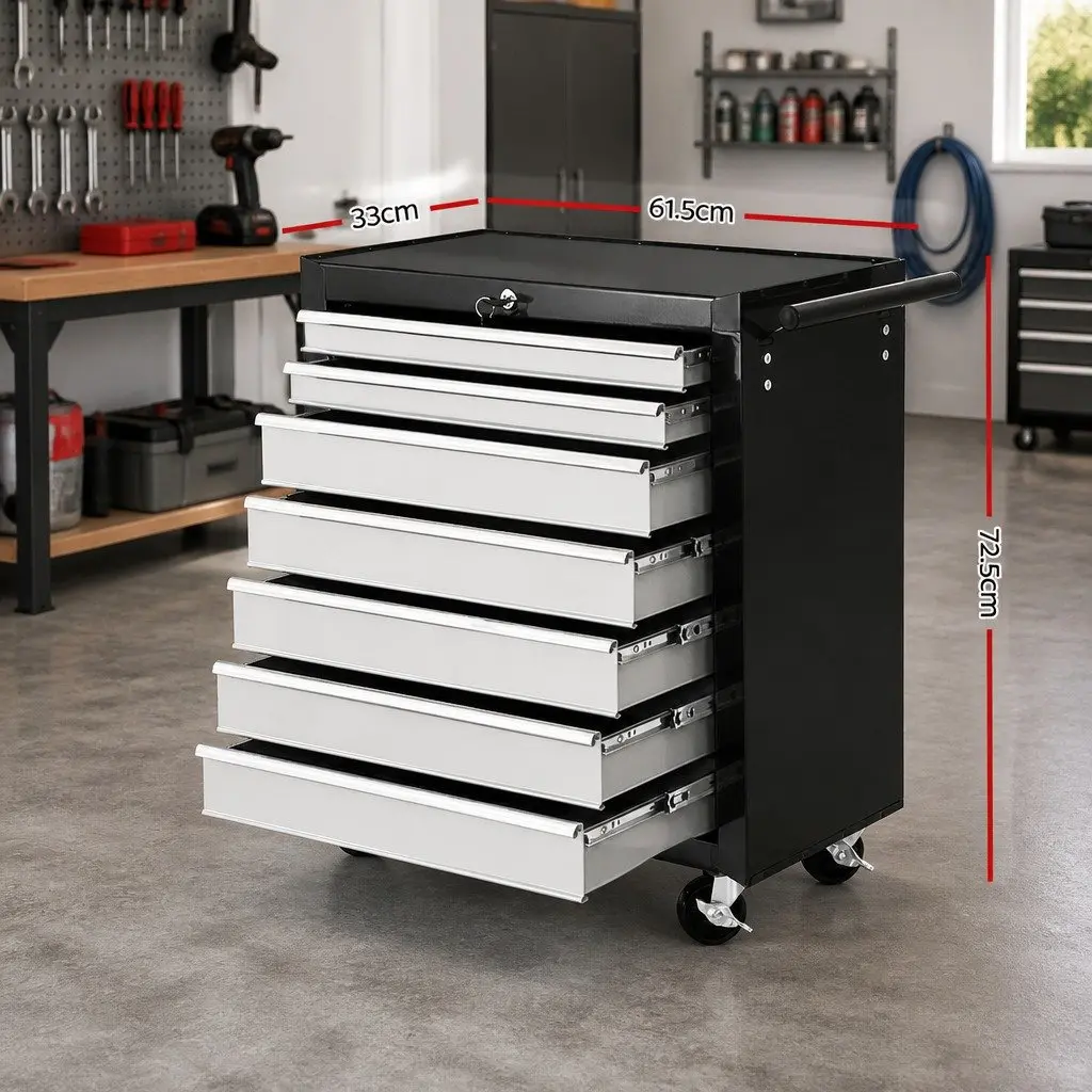 7 Drawer Tool Box Trolley Cabinet Storage Chest Steel Black