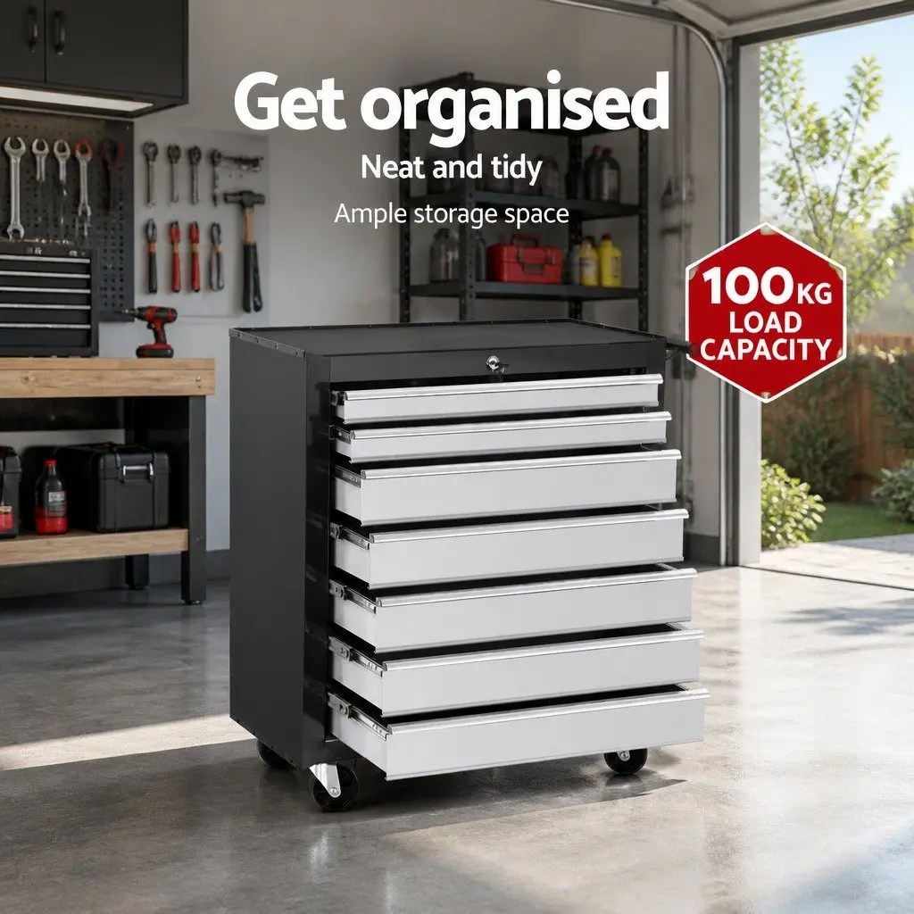 7 Drawer Tool Box Trolley Cabinet Storage Chest Steel Black