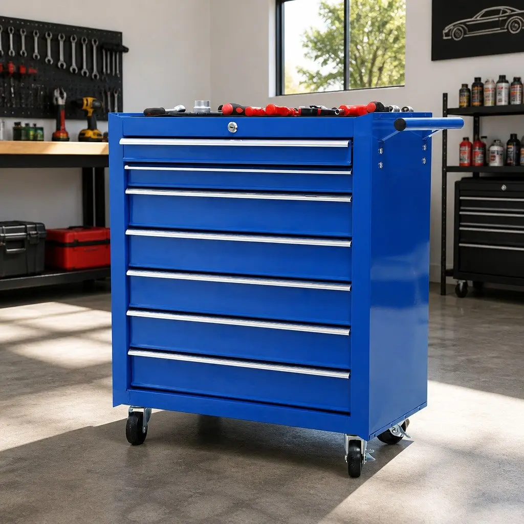 7 Drawer Steel Tool Trolley Organizer Blue Garage Workshop Storage 61.5cm x 33cm x 72.5cm