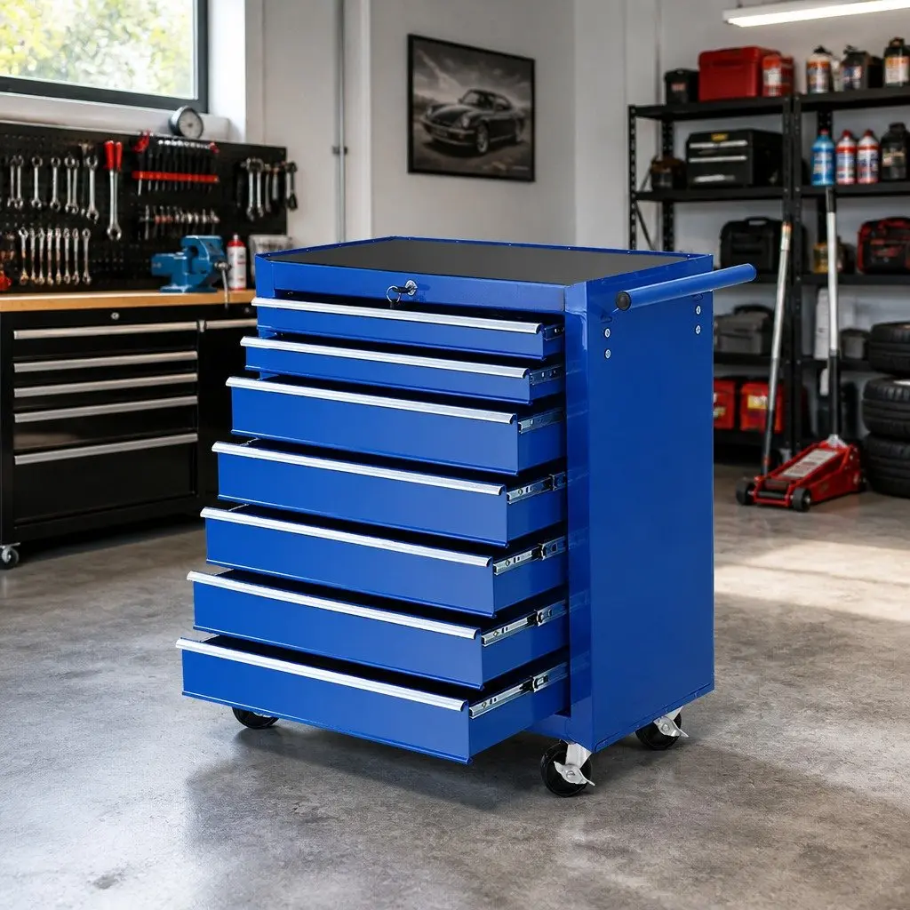 7 Drawer Steel Tool Trolley Organizer Blue Garage Workshop Storage 61.5cm x 33cm x 72.5cm