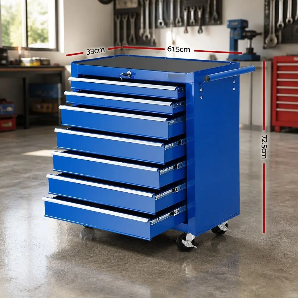 7 Drawer Steel Tool Trolley Organizer Blue Garage Workshop Storage 61.5cm x 33cm x 72.5cm