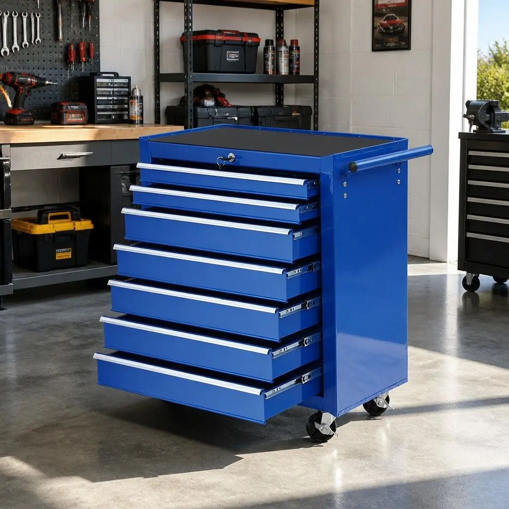 7 Drawer Steel Tool Trolley Organizer Blue Garage Workshop Storage 61.5cm x 33cm x 72.5cm