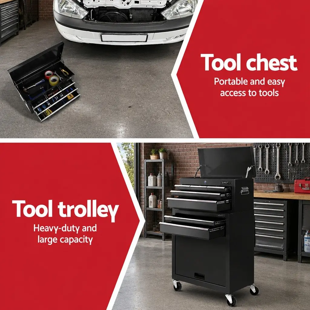 7 Drawer Tool Box Chest Trolley Steel Mobile Storage Cabinet Black