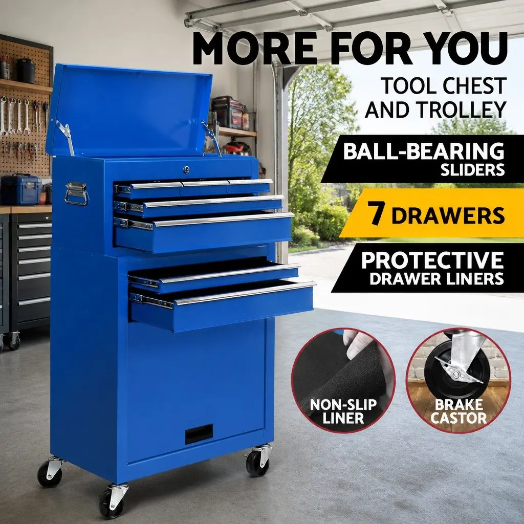 Tool Cabinet Steel 7 Drawer Storage Trolley Organizer Blue