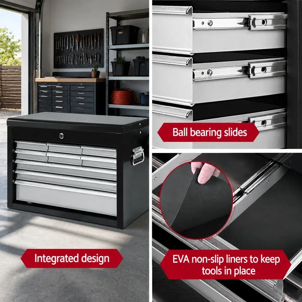 9 Drawer Tool Box Cabinet Chest Steel Black Grey 60cm W x 26cm D x 38cm H