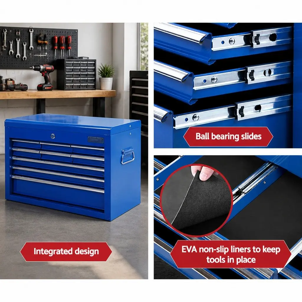 9 Drawer Tool Box Cabinet Storage Organiser Steel 60cm W x 26cm D x 38cm H Blue