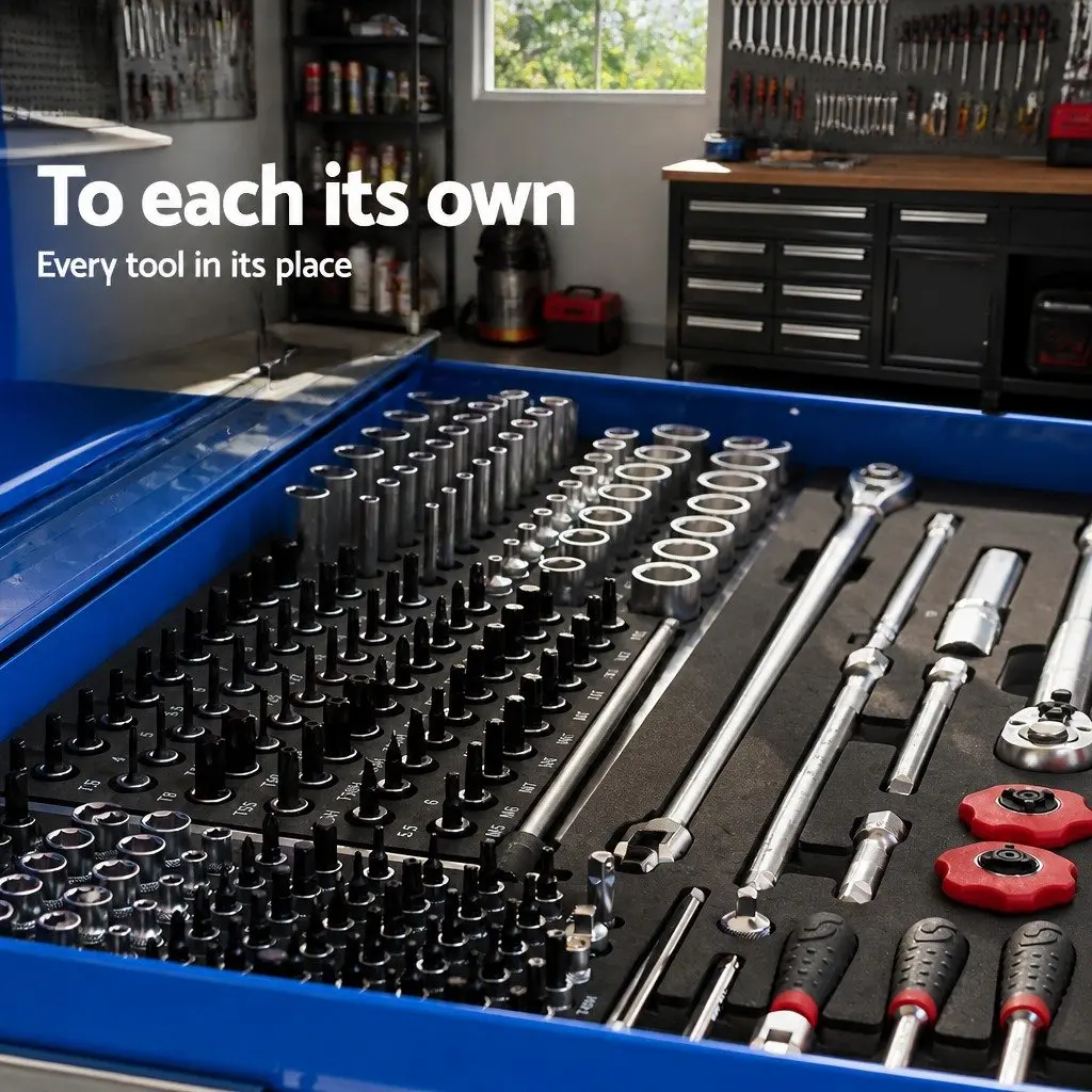 9 Drawer Tool Box Cabinet Storage Organiser Steel 60cm W x 26cm D x 38cm H Blue