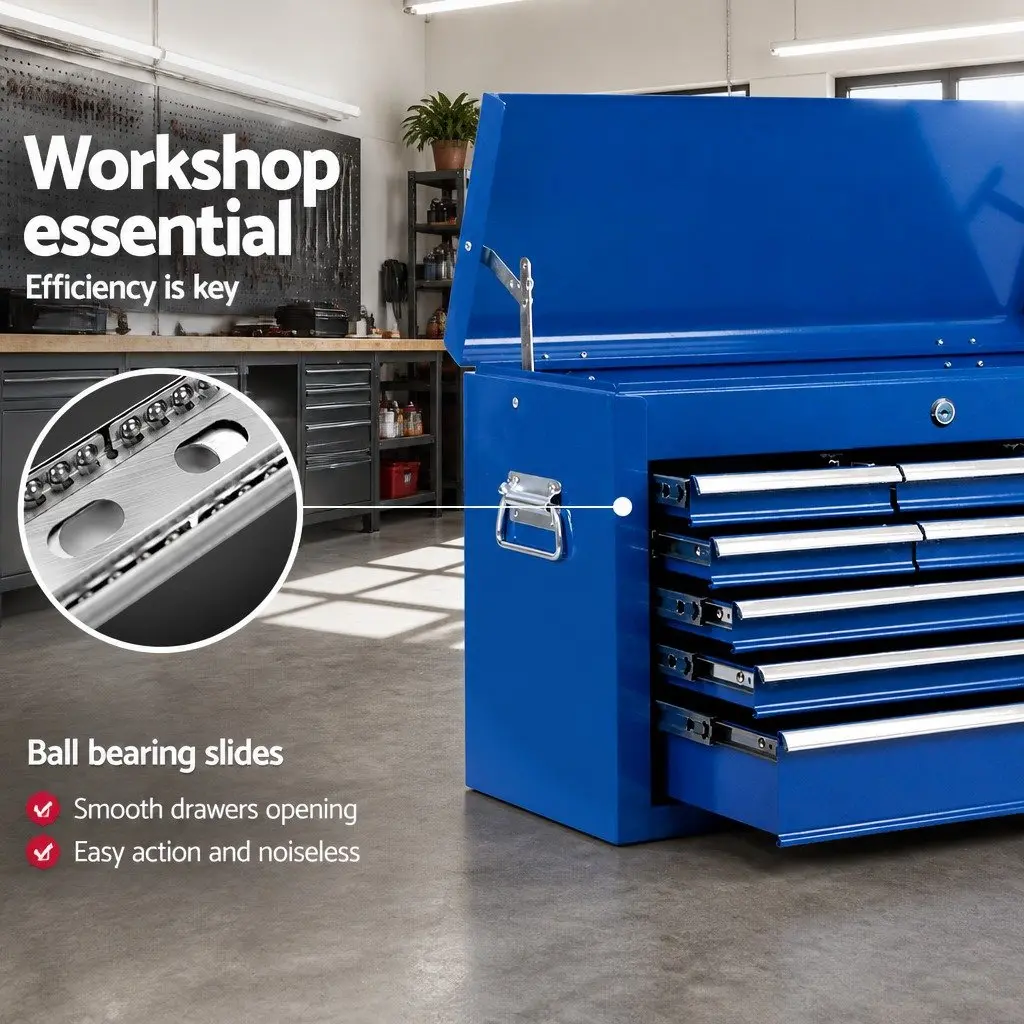 9 Drawer Tool Box Cabinet Storage Organiser Steel 60cm W x 26cm D x 38cm H Blue