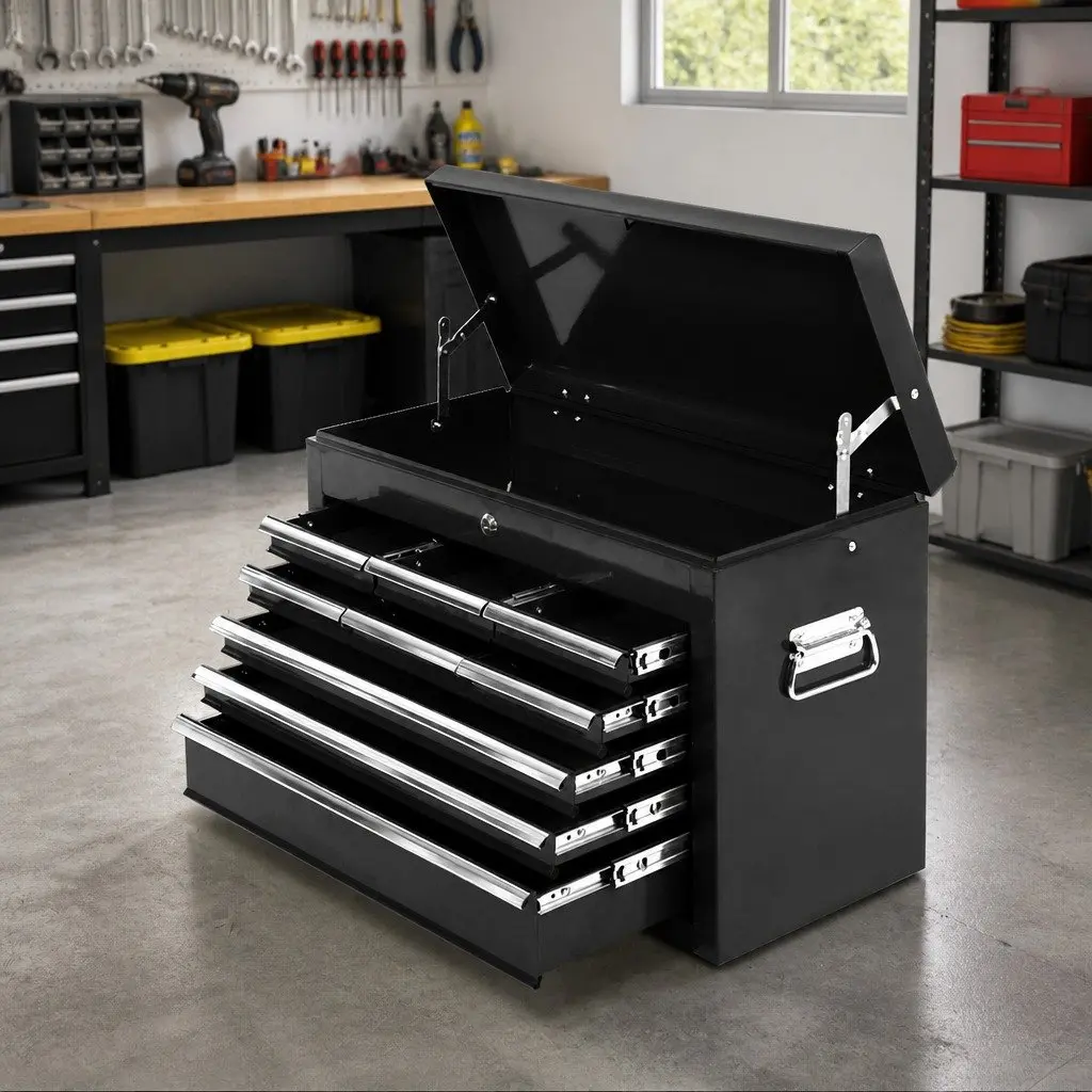 9 Drawer Steel Tool Storage Cabinet Lockable Black Garage Organiser with Non-Slip Liners