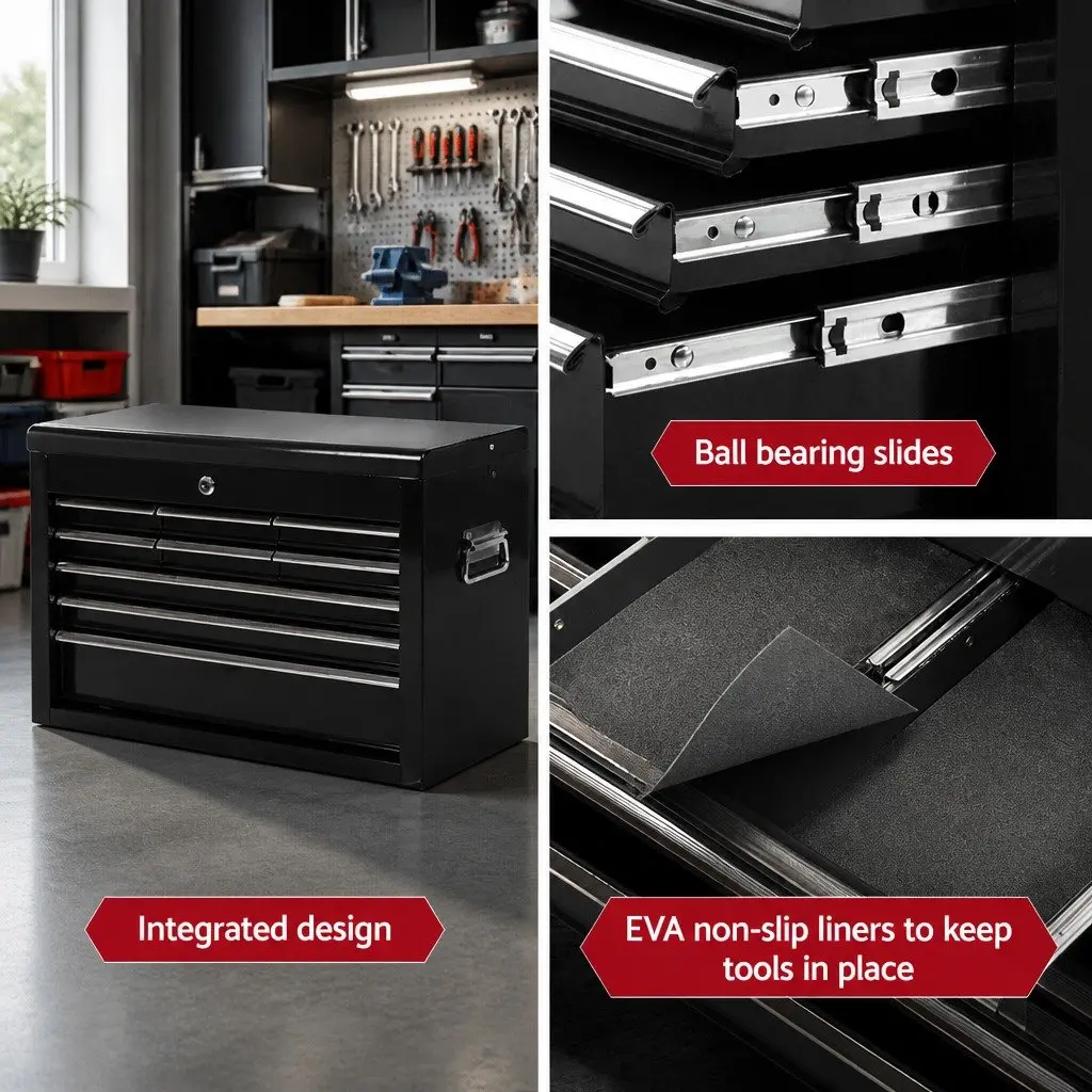 9 Drawer Steel Tool Storage Cabinet Lockable Black Garage Organiser with Non-Slip Liners