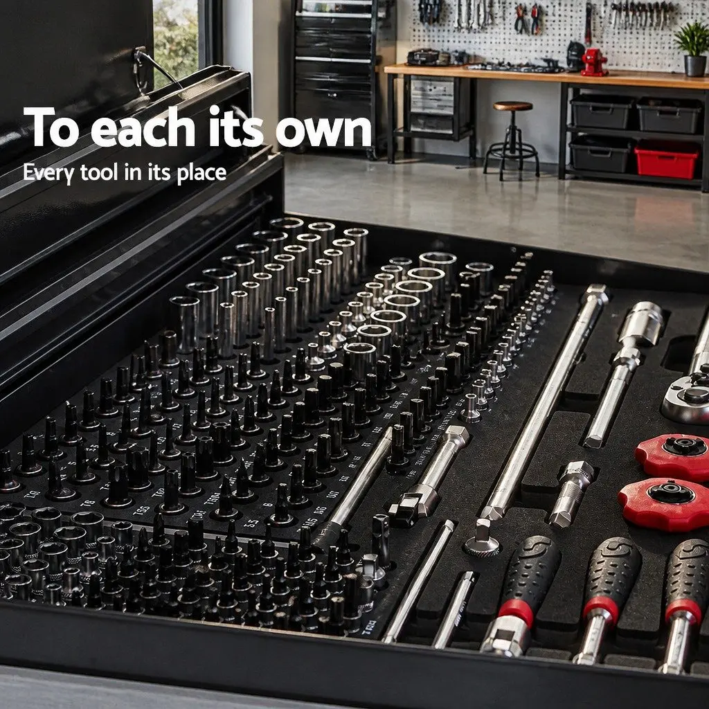 9 Drawer Steel Tool Storage Cabinet Lockable Black Garage Organiser with Non-Slip Liners