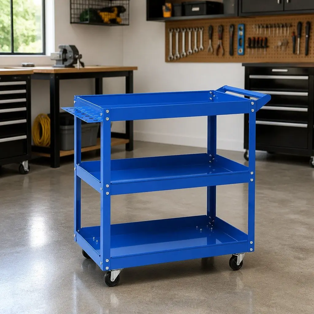 Tool Cart Trolley Steel 3-Tier Mobile Organizer 79cm x 35.5cm x 74cm Blue
