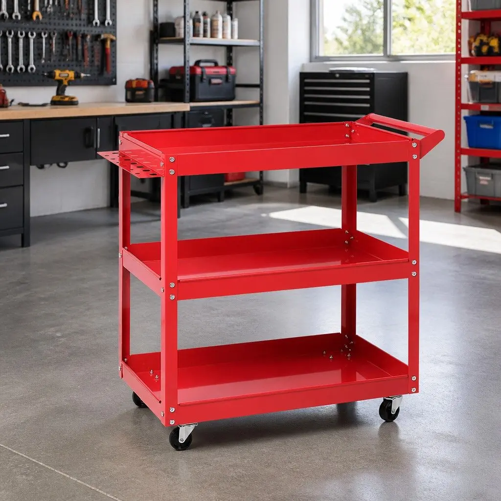 3-Tier Tool Cart Steel Red Storage Organizer with Lockable Castors