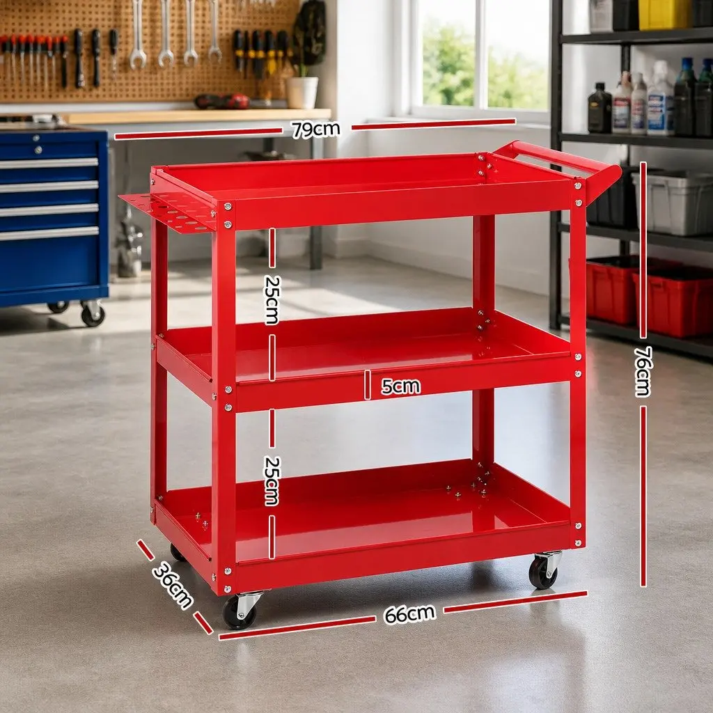 3-Tier Tool Cart Steel Red Storage Organizer with Lockable Castors