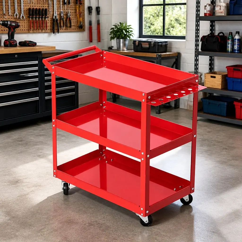 3-Tier Tool Cart Steel Red Storage Organizer with Lockable Castors