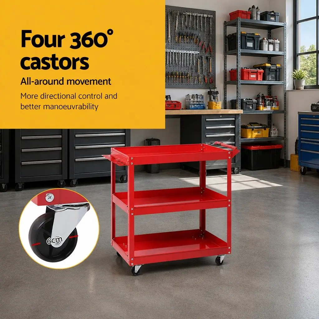 3-Tier Tool Cart Steel Red Storage Organizer with Lockable Castors