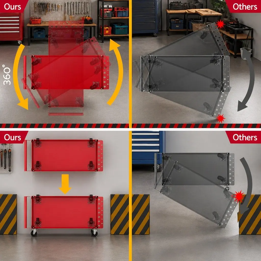 3-Tier Tool Cart Steel Red Storage Organizer with Lockable Castors