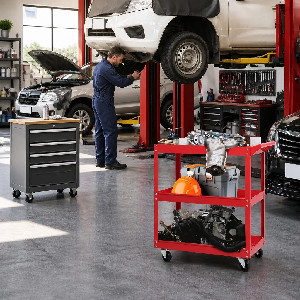 3-Tier Tool Cart Steel Red Storage Organizer with Lockable Castors