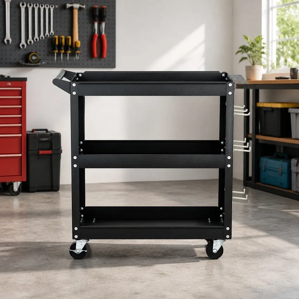 3-Tier Tool Cart Steel Black 79cm x 35.5cm x 77cm