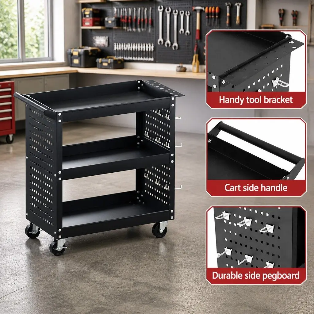 3-Tier Tool Cart Steel Black 79cm x 35.5cm x 77cm
