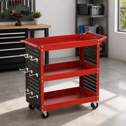 3-Tier Tool Cart Storage Trolley Workshop Garage Pegboard System Red Casters