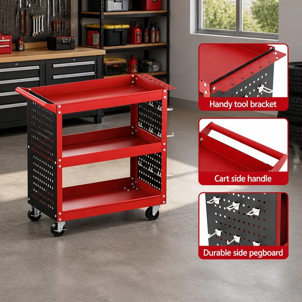 3-Tier Tool Cart Steel Construction Red 79cm x 35.5cm x 77cm