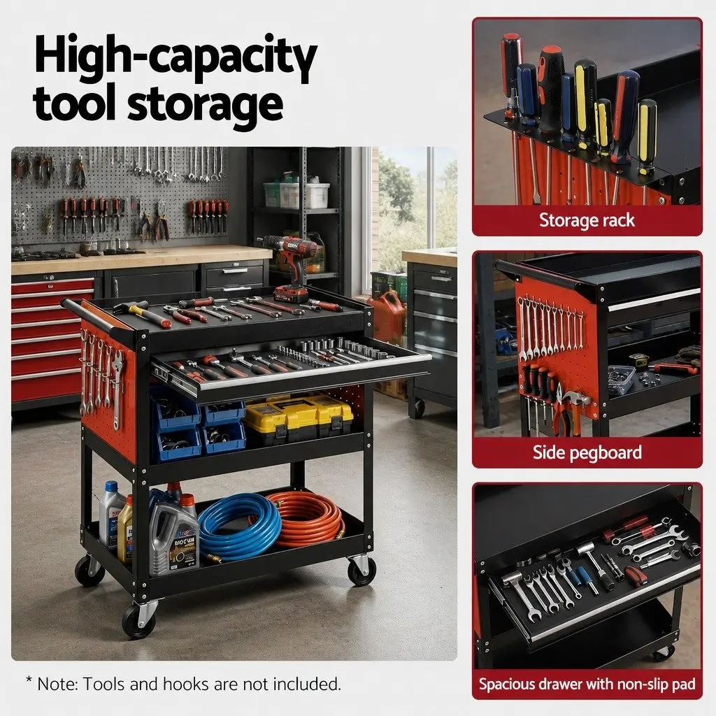 Tool Trolley Cart Steel Rolling Cabinet with Drawers 83x78x35cm Black and Red