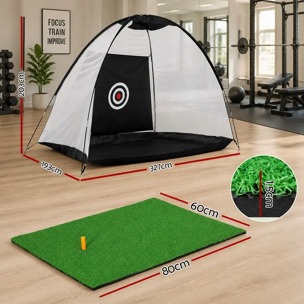 Golf Practice Net Training Mat Set Portable Indoor Outdoor 327 x 193 x 203 cm Black Green 80 x 60 cm