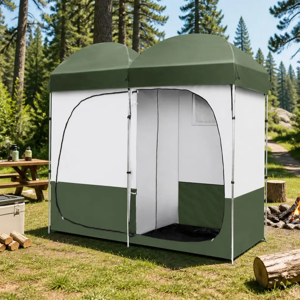 Double Portable Shower Toilet Tent Steel 224x114x212cm Green