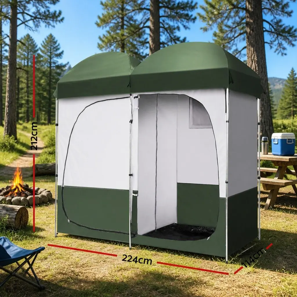 Double Portable Shower Toilet Tent Steel 224x114x212cm Green