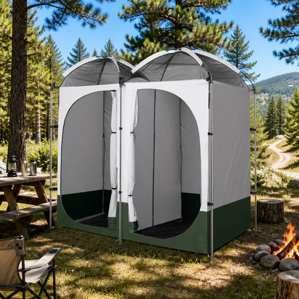 Double Portable Shower Toilet Tent Steel 224x114x212cm Green
