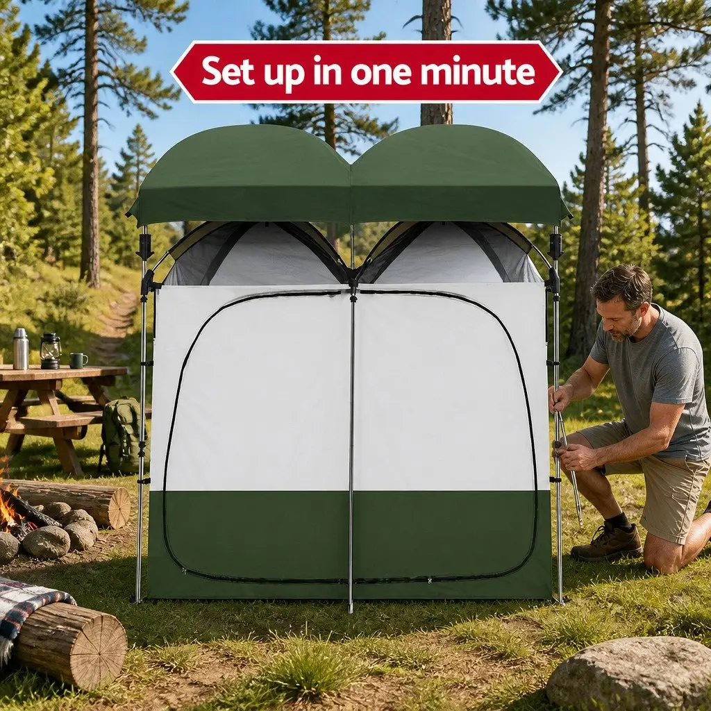 Double Portable Shower Toilet Tent Steel 224x114x212cm Green