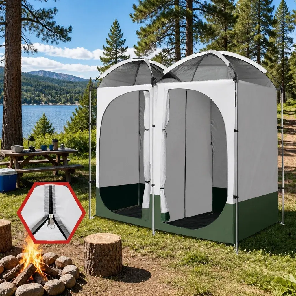 Double Portable Shower Toilet Tent Steel 224x114x212cm Green