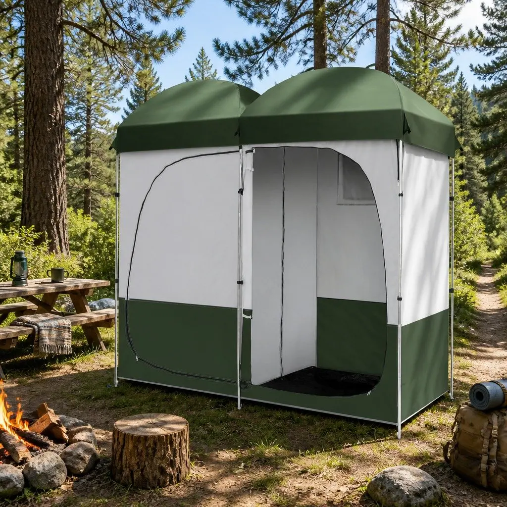 Double Portable Shower Toilet Tent Steel 224x114x212cm Green